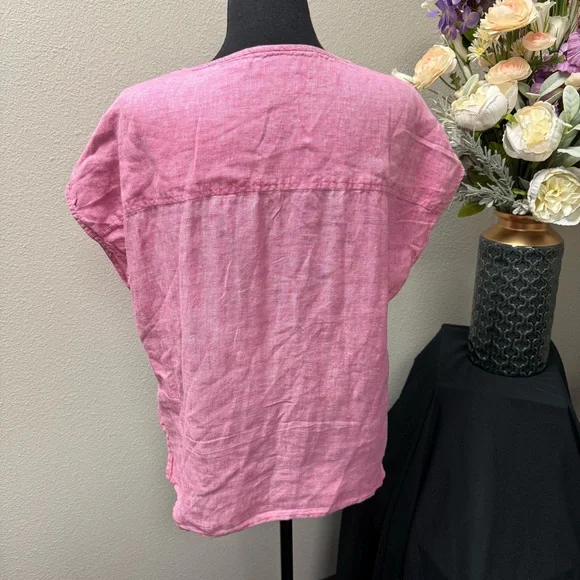 Tahari 100% Linen Pink Split Neck Short Sleeve Top M Summer Lightweight Blouse - Picture 3 of 7